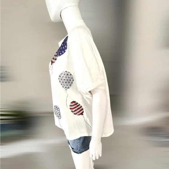 PEACH LOVE CALIFORNIA patriotic sequin balloons oversized tee S M L - Picture 7 of 9